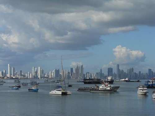 Panama Bay and Panama City with an approaching storm.