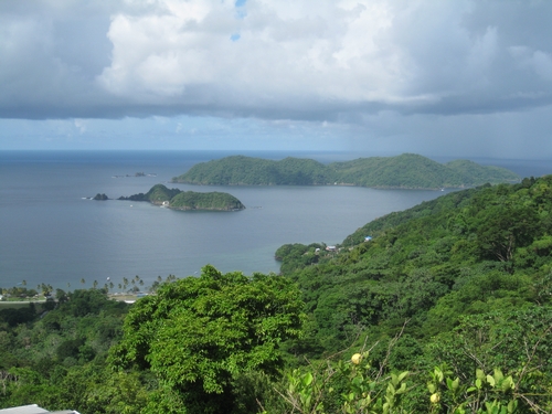 Little Tobago and Goat Islands, seen from Tobago, and the site of much of our diving and sand collecting.<br />Photo: Ashleigh Smythe