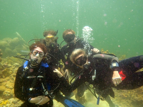 Our dive team in Tobago:  Ashleigh Smythe, Sarah Atherton, Danny Gouge and Cheryl Thacker.<br />Photo: Arthur of Manta Lodge