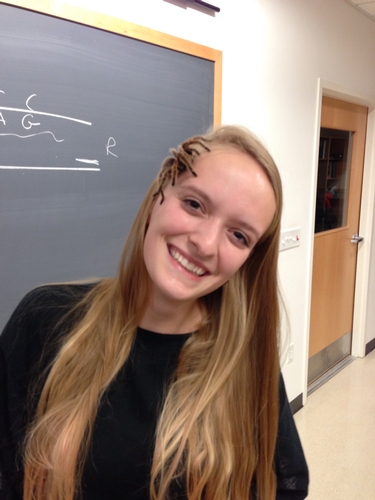 Emma Lonadier '15 enjoys our new lab tarantula.<br />Photo: Felipe Garcia